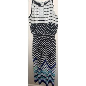 En Focus Studio Striped Maxi Dress Black White Blue Drawstring Strap Size 12